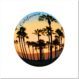 Palm Trees in a Golden Glow sunset sky in Los Angeles California Beach Posters and Art